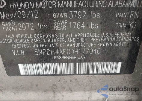 2013 Hyundai Elantra Gls from USA, damaged, VIN 5NPDH4AE0DH177040
